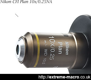 Nikon CFI Plan 10x/0.25NA 10.5mmWD objective for extreme macro